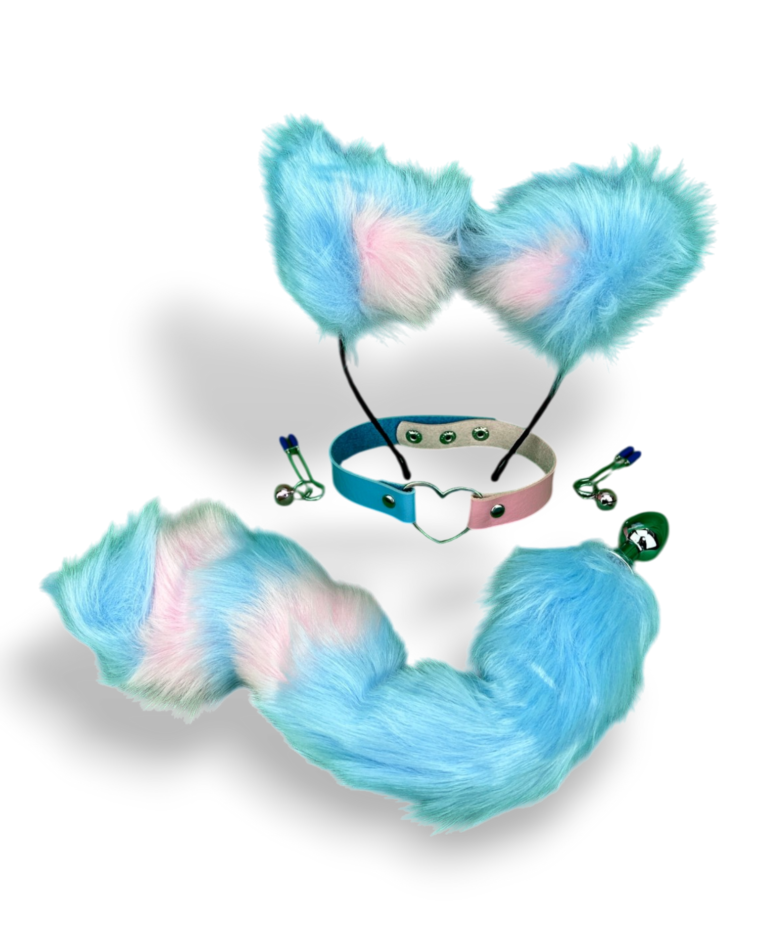 Set erótico Foxy Kit con orejas de gato, pezoneras, collar y plug anal metálico con cola de zorro, diseño Glow & Vibe