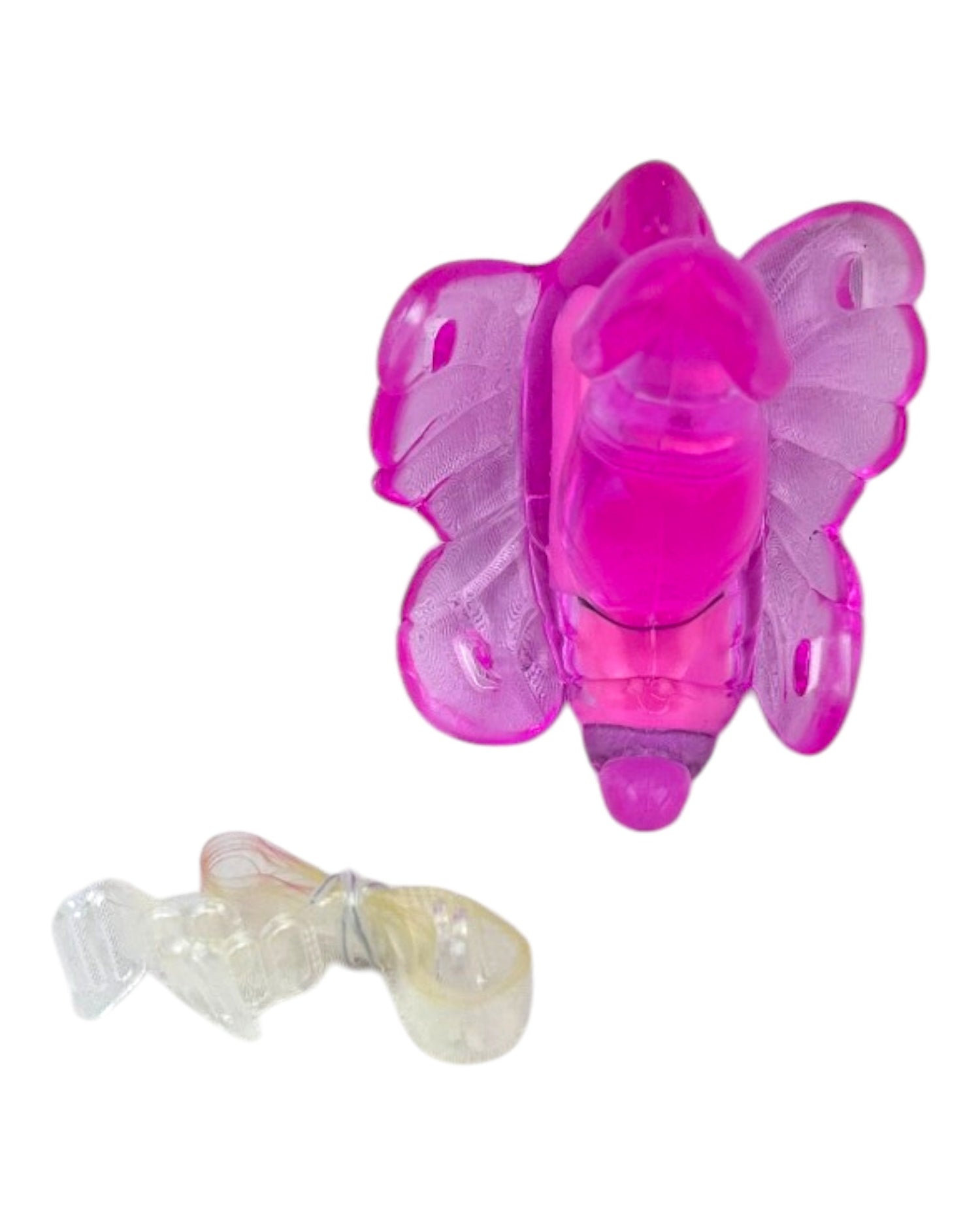 Estimulador femenino Butterfly Glow en forma de mariposa con vibración, diseño compacto y rosa brillante Glow & Vibe.