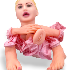 Muñeca inflable Desire Doll con cabeza tipo maniquí, penetración doble y accesorios completos Glow & Vibe.