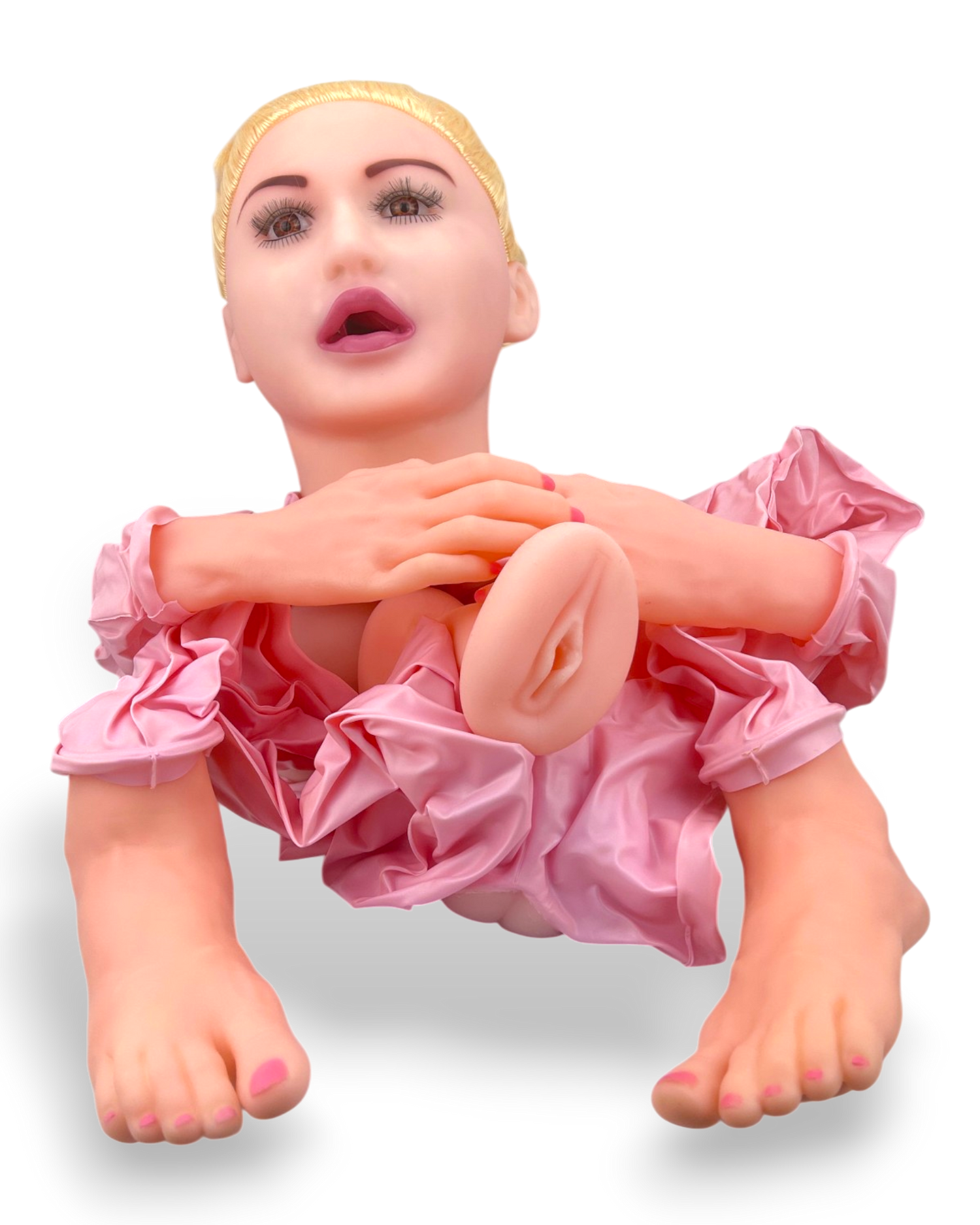 Muñeca inflable Desire Doll con cabeza tipo maniquí, penetración doble y accesorios completos Glow & Vibe.