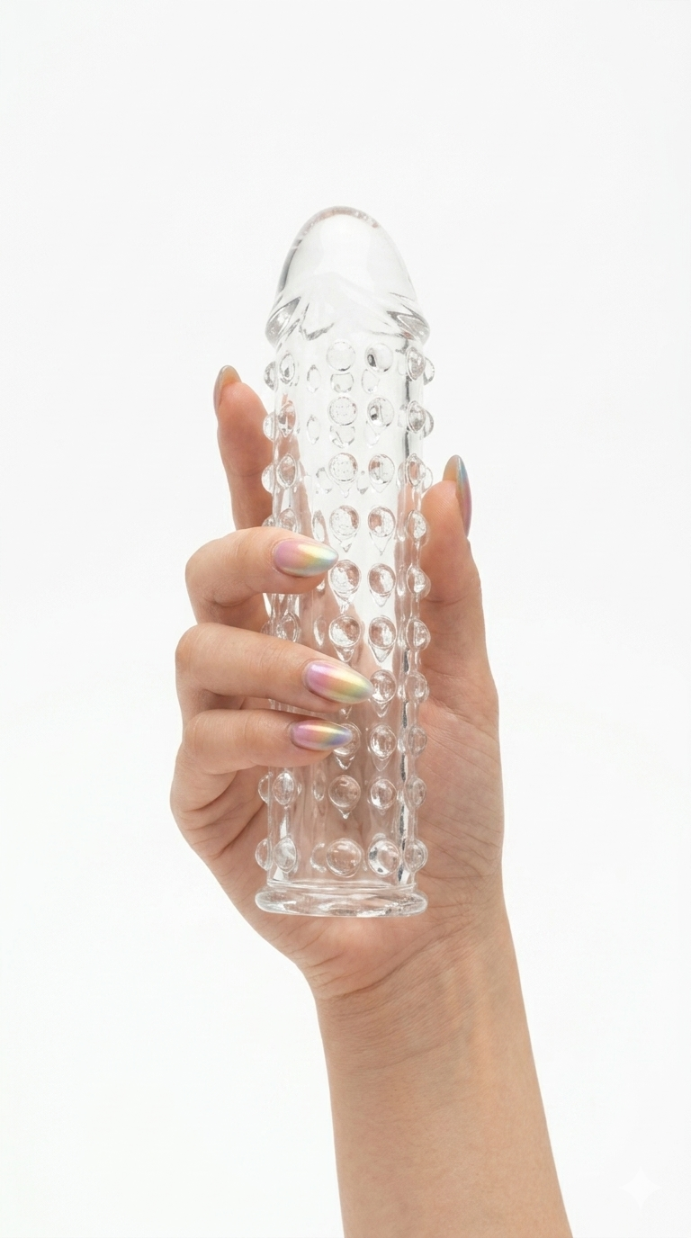 Funda Clear Extender de gel transparente con textura y vibración, silicón suave y diseño realista Glow & Vibe.