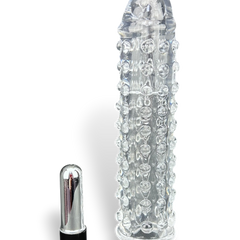 Funda Clear Extender de gel transparente con textura y vibración, silicón suave y diseño realista Glow & Vibe.