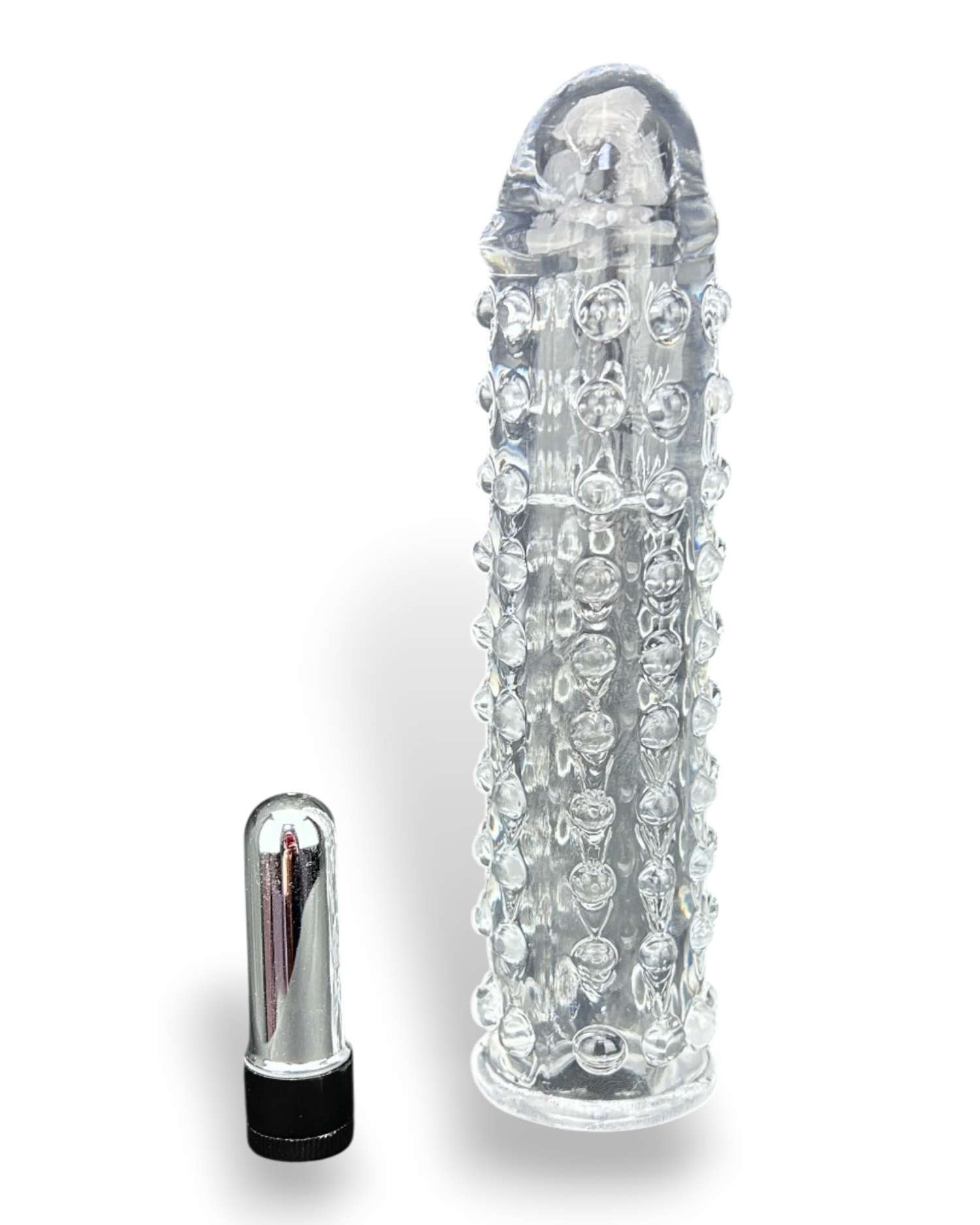 Funda Clear Extender de gel transparente con textura y vibración, silicón suave y diseño realista Glow & Vibe.