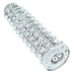 Funda Clear Extender de gel transparente con textura y vibración, silicón suave y diseño realista Glow & Vibe.