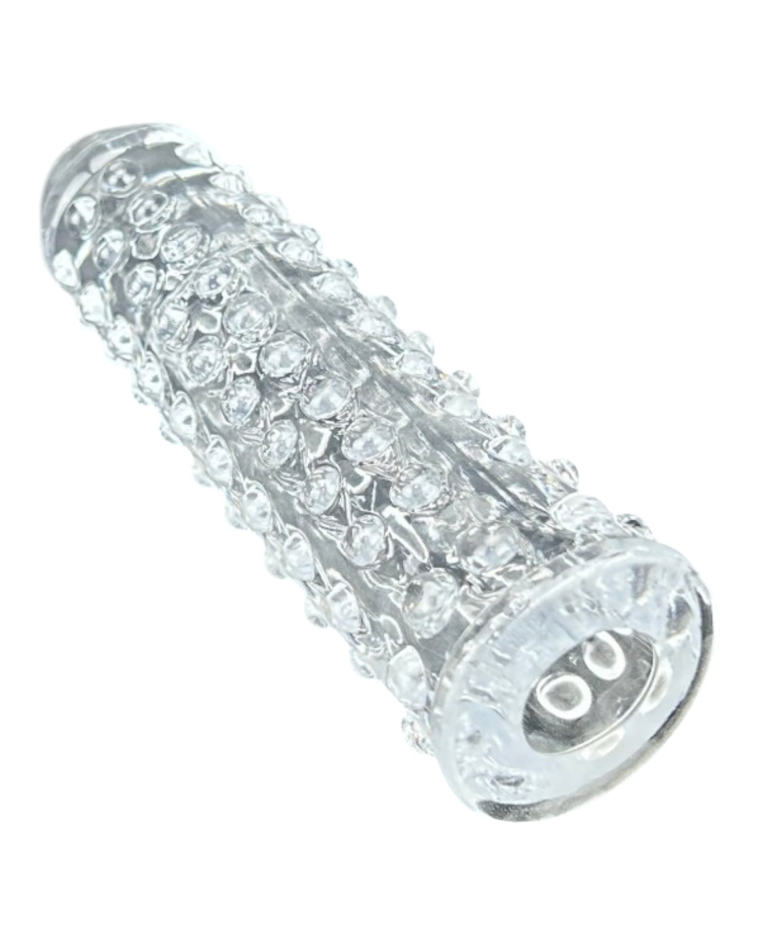 Funda Clear Extender de gel transparente con textura y vibración, silicón suave y diseño realista Glow & Vibe.