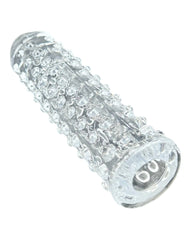 Funda Clear Extender de gel transparente con textura y vibración, silicón suave y diseño realista Glow & Vibe.