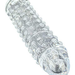 Funda Clear Extender de gel transparente con textura y vibración, silicón suave y diseño realista Glow & Vibe.