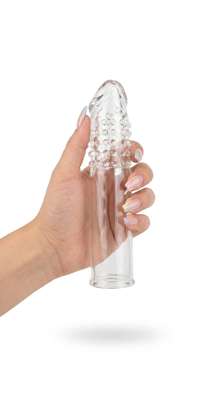 Funda de silicón Crazy Extender con textura realista y extensión peneana, diseño flexible y suave Glow & Vibe.