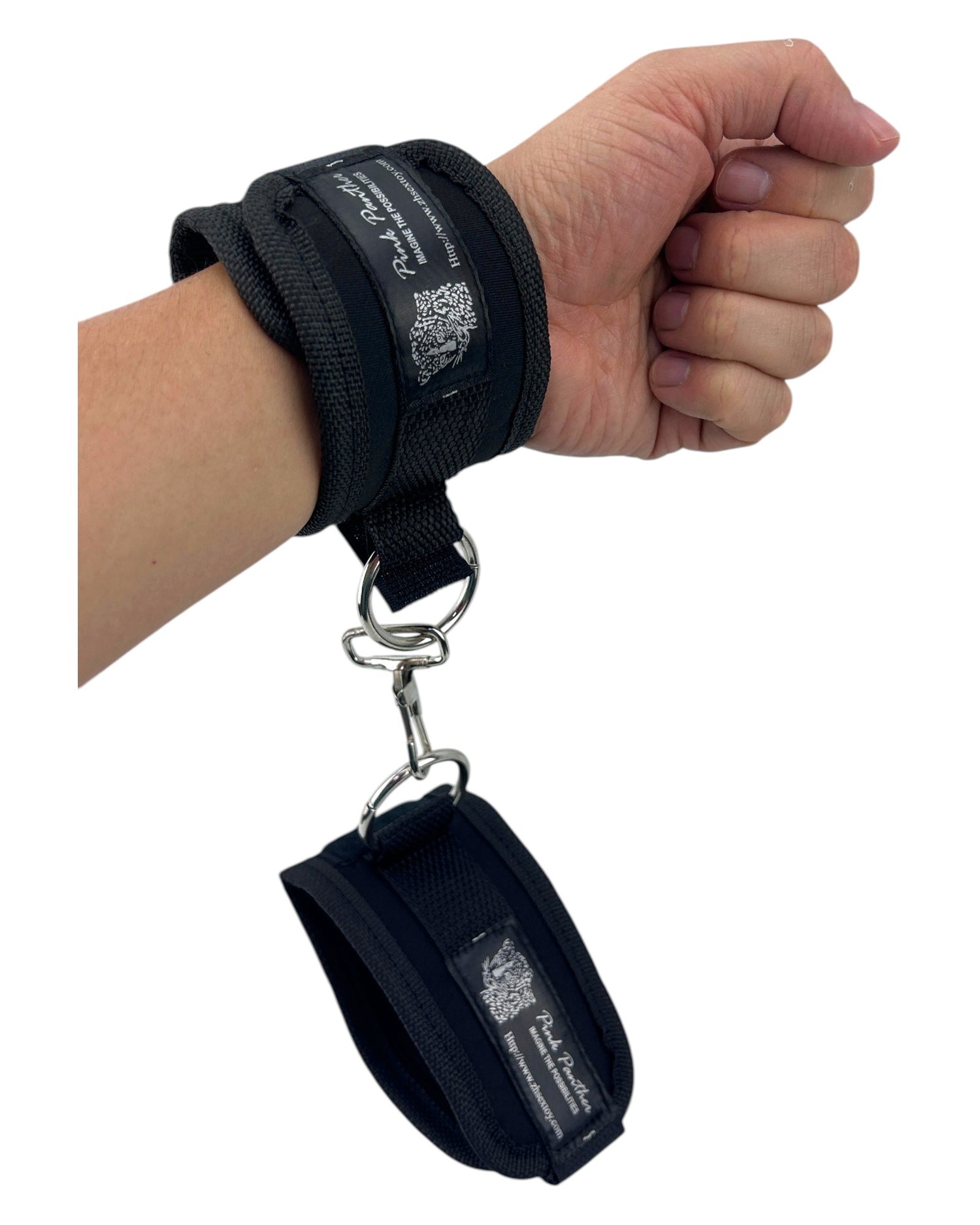 Glow & Vibe esposas de velcro negras para muñecas, con cadena y cierres metálicos, para juegos de sumisión.