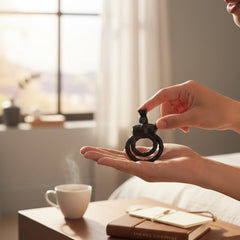 Anillo vibrador Passion Rabbit negro de Glow&Vibe sostenido en la mano sobre una mesa de noche con una taza de café.