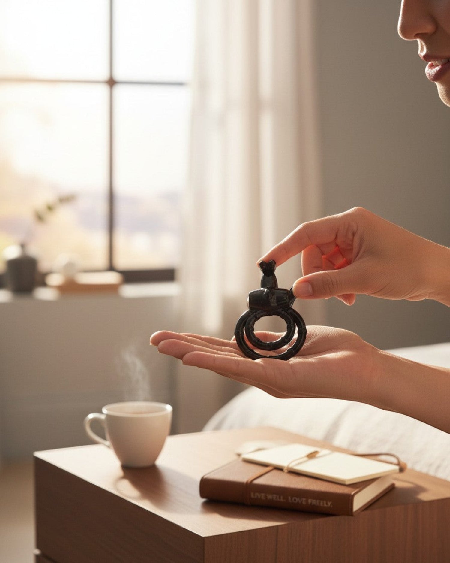 Anillo vibrador Passion Rabbit negro de Glow&Vibe sostenido en la mano sobre una mesa de noche con una taza de café.