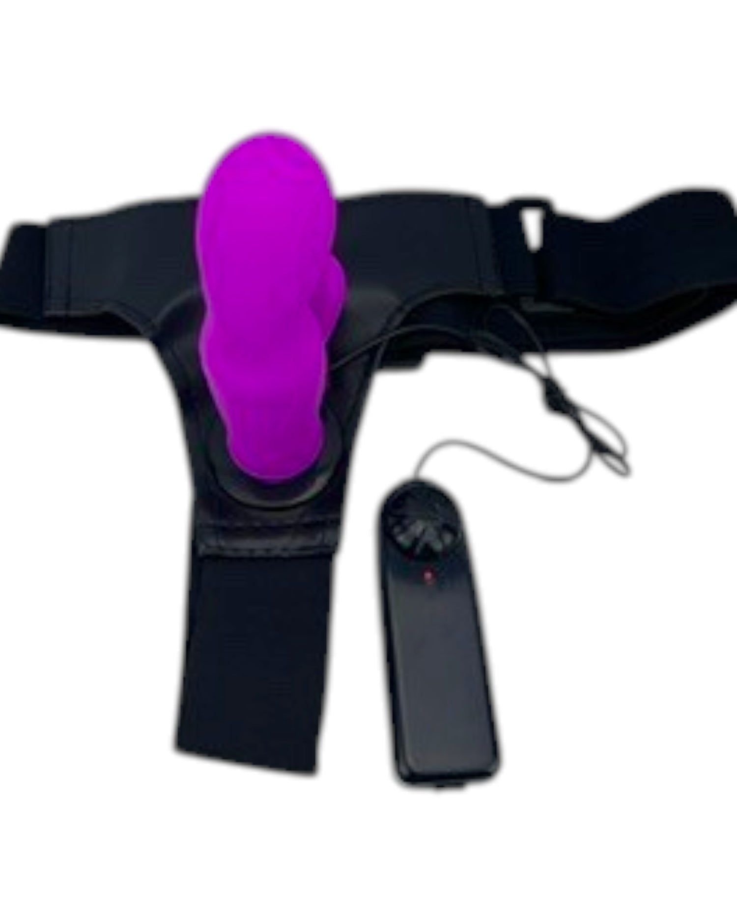 Arnés negro ajustable con dildo de silicona morado texturizado y control remoto, de Glow&Vibe.