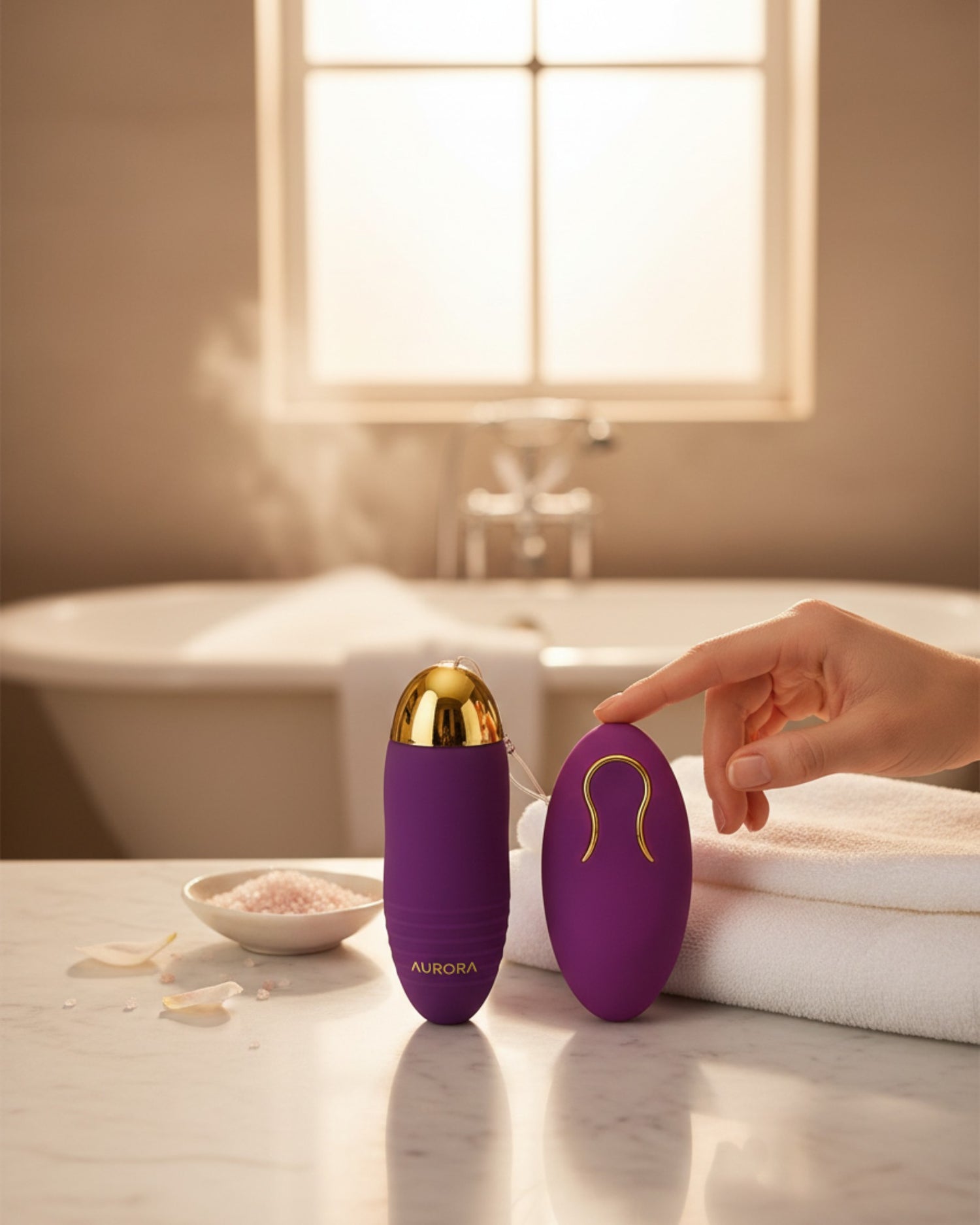 Bala vibradora morada de silicón Glow&Vibe con control remoto, diseño ergonómico y detalles dorados en baño de lujo.