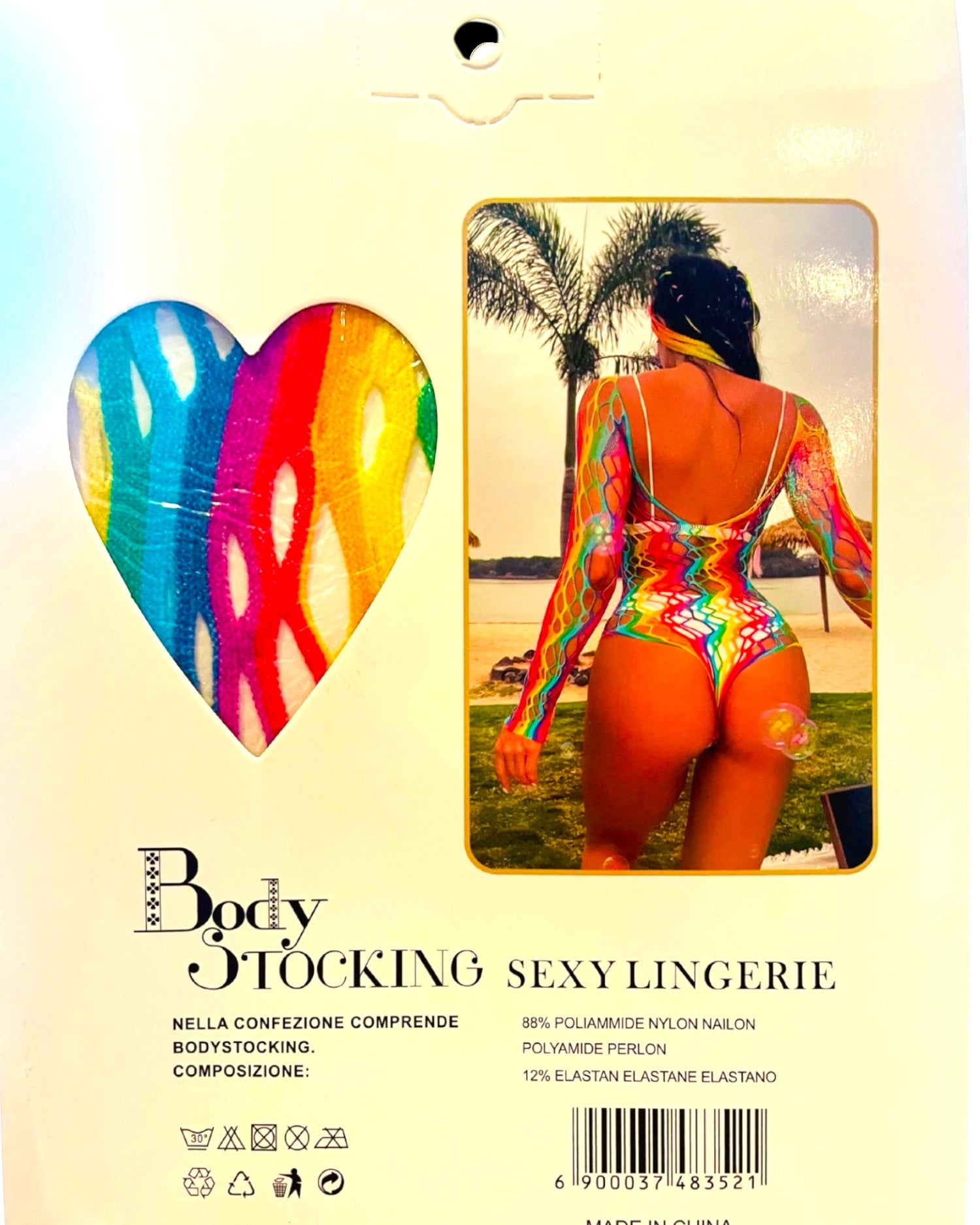 Body Glow&Vibe Cosmic Vibe multicolor con diseño de red iridiscente, manga larga y estilo ajustado futurista.