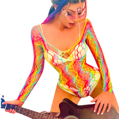 Body Glow&Vibe Cosmic Vibe multicolor de red con efecto iridiscente, manga larga y diseño ajustado futurista.