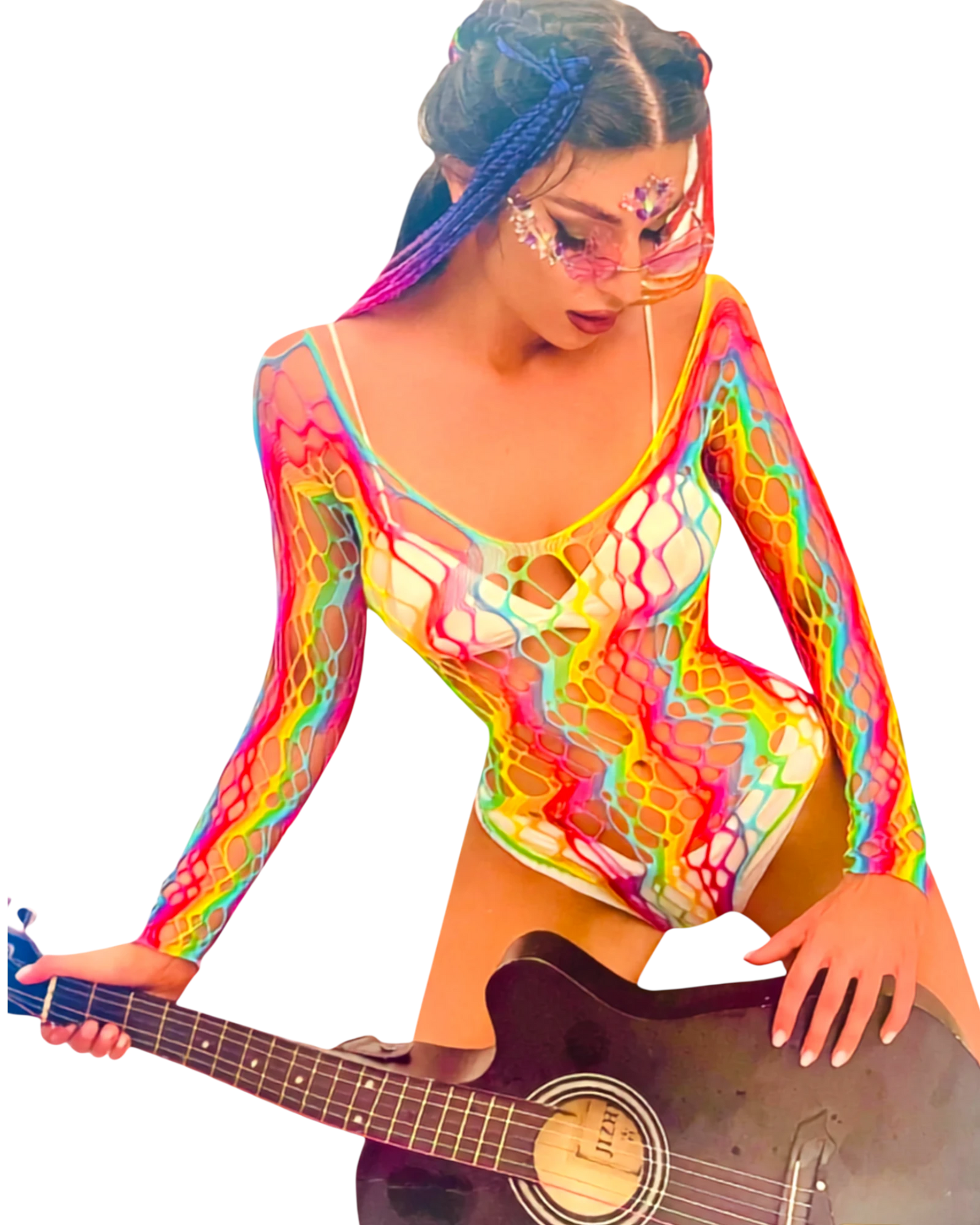 Body Glow&Vibe Cosmic Vibe multicolor de red con efecto iridiscente, manga larga y diseño ajustado futurista.