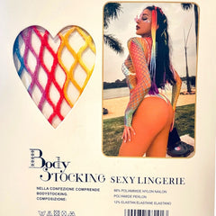 Body de red multicolor Rainbow Vibe de Glow&Vibe, diseño ajustado con transparencias y estilo atrevido.