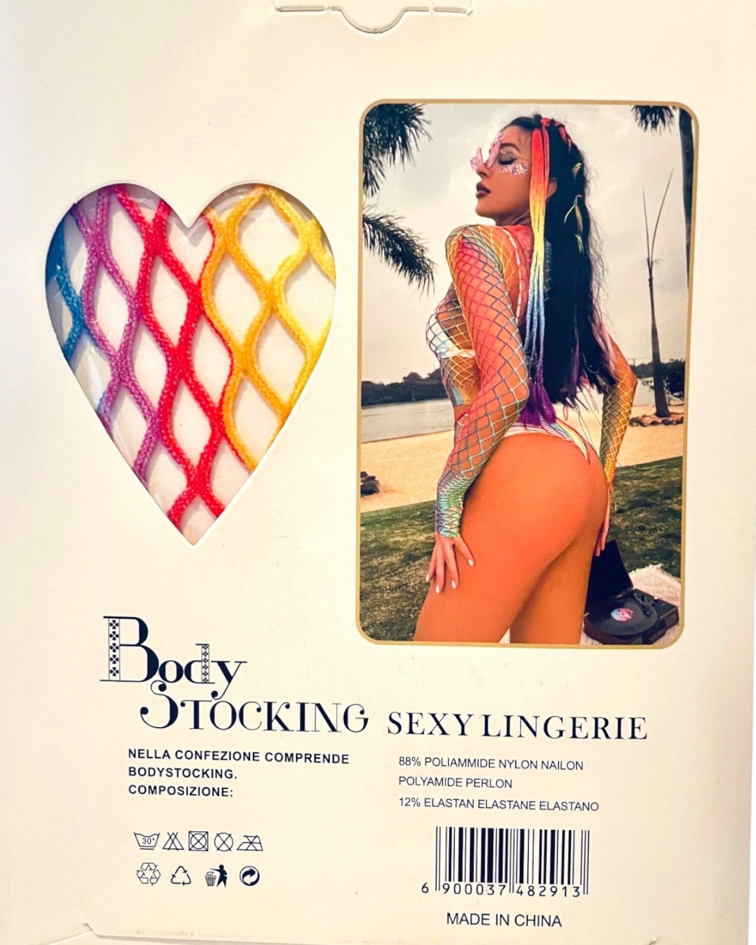 Body de red multicolor Rainbow Vibe de Glow&Vibe, diseño ajustado con transparencias y estilo atrevido.