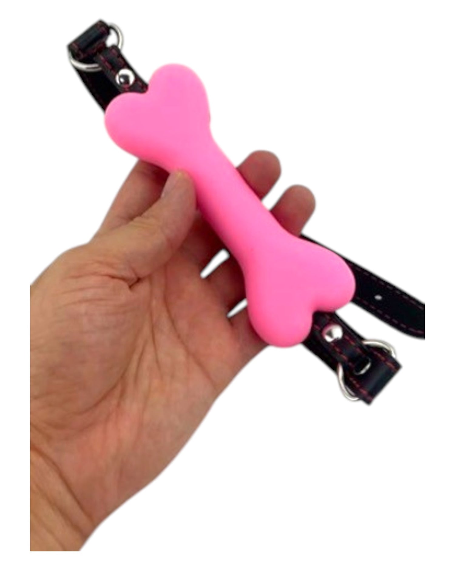 Glow&Vibe Bone Gag rosa de plástico suave con cinturón de cuero sintético, 4.5 cm de bola.