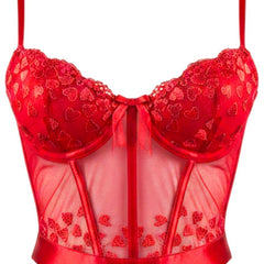 Bustier rojo Glow&Vibe con encaje floral, transparencias de malla y lazo central para un look seductor y elegante.