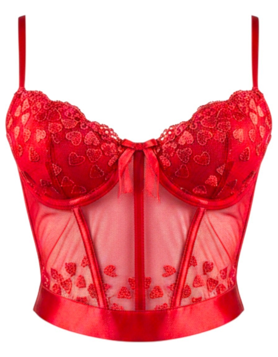 Bustier rojo Glow&Vibe con encaje floral, transparencias de malla y lazo central para un look seductor y elegante.