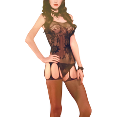 Modelo vistiendo catsuit negro de encaje Glow&Vibe con transparencias y diseño tipo liguero integrado