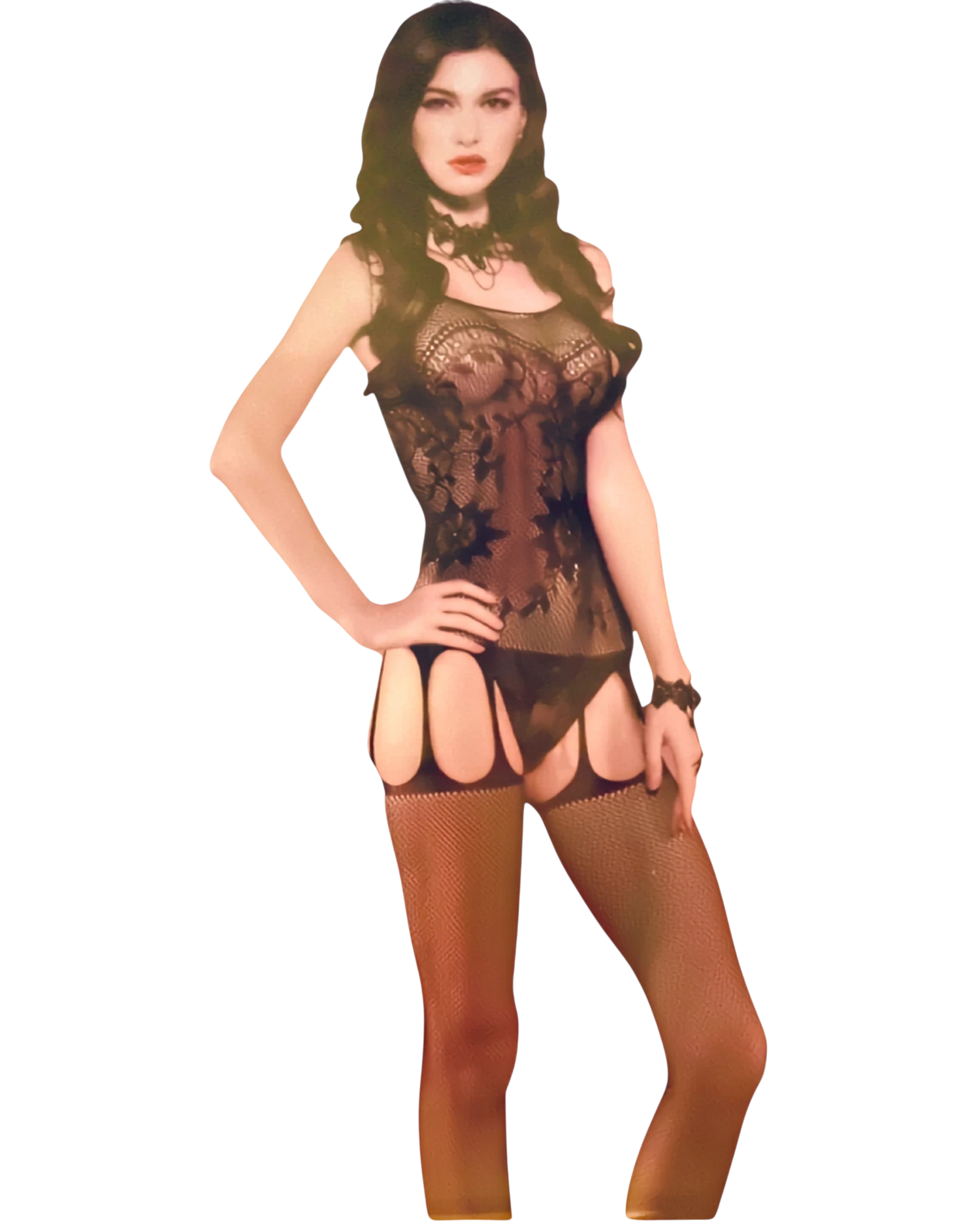 Modelo vistiendo catsuit negro de encaje Glow&Vibe con transparencias y diseño tipo liguero integrado