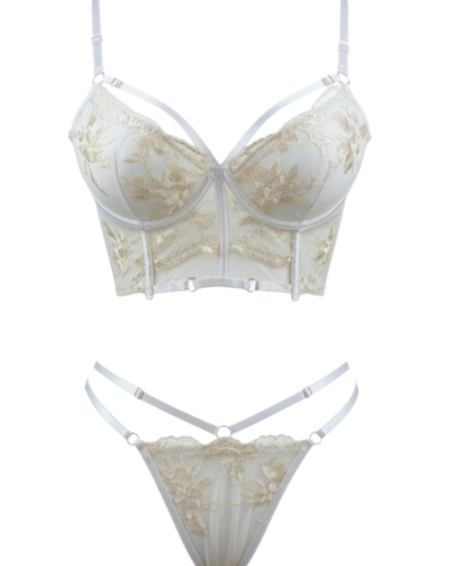 Conjunto de lencería Glow&Vibe Obsidian Desire blanco con bustier de encaje, transparencias y tiras ajustables.