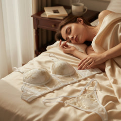 Conjunto de lencería Glow&Vibe Obsidian Desire blanco con bustier de encaje y panty a juego sobre una cama