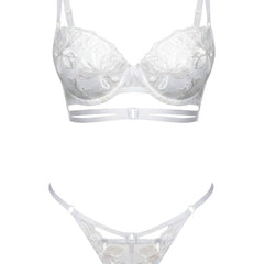 Conjunto de lencería Glow&Vibe Ivory Temptation en encaje blanco con detalles de tiras y diseño sensual.
