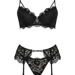 Conjunto de lencería Glow&Vibe Classic Temptation en encaje negro con bra estructurado y panty con ligas.
