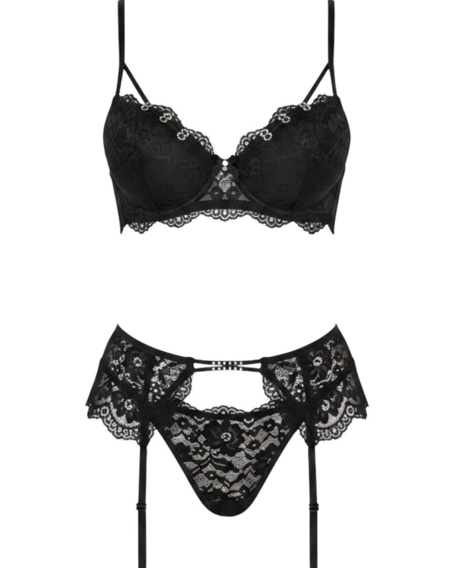 Conjunto de lencería Glow&Vibe Classic Temptation en encaje negro con bra estructurado y panty con ligas.