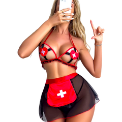 Conjunto de lencería de enfermera Glow&Vibe en rojo y negro con top de tiras, falda transparente y cofia a juego.