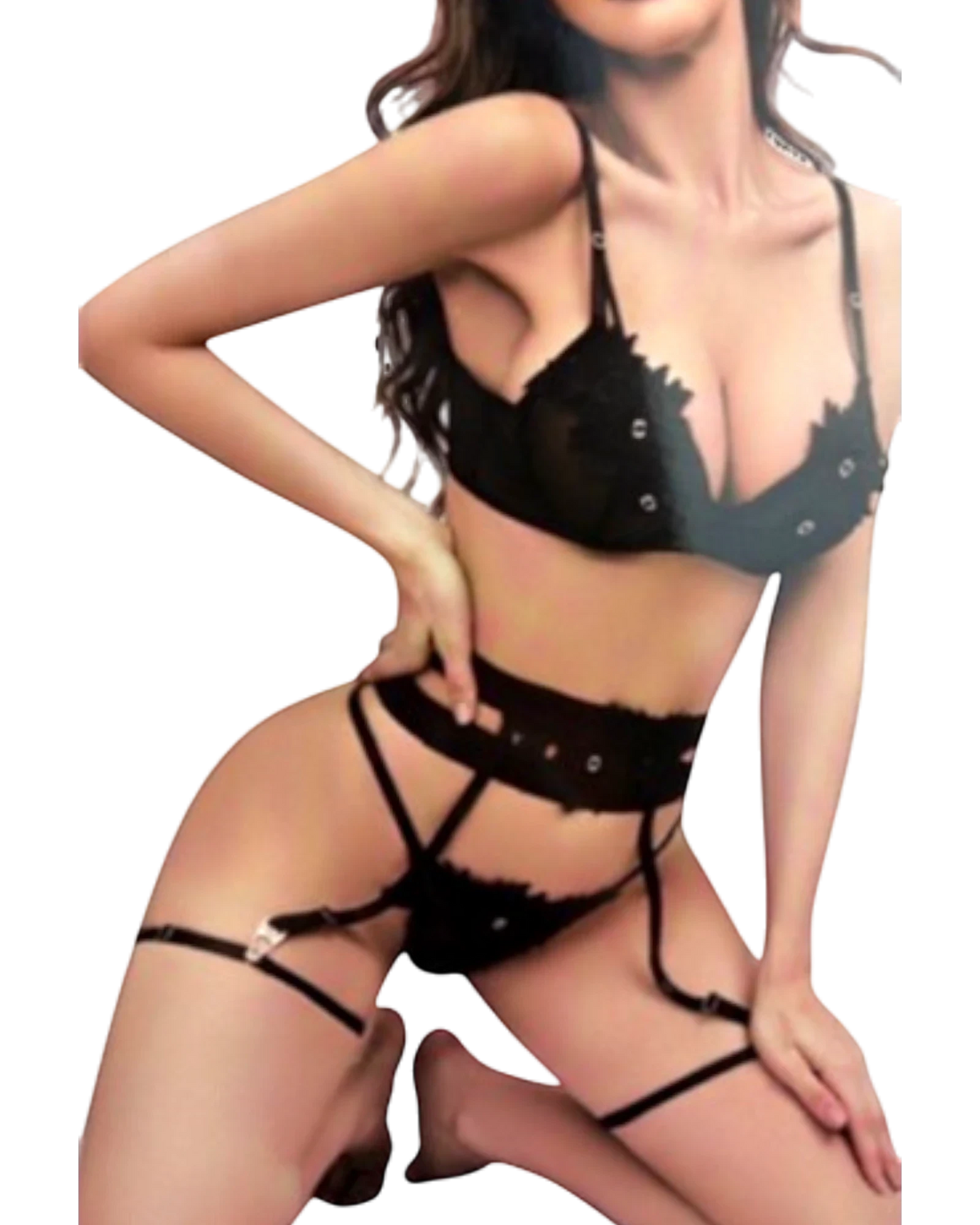 Conjunto de lencería negra Glow&Vibe con encaje, tiras tipo harness, bra estructurado y liguero ajustable.