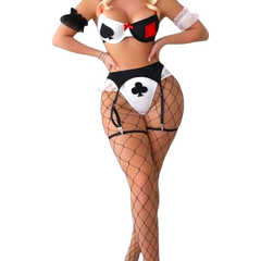 Conjunto de lencería Glow&Vibe Royal Flush con diseño de cartas, medias de red y detalles en rojo, negro y blanco.