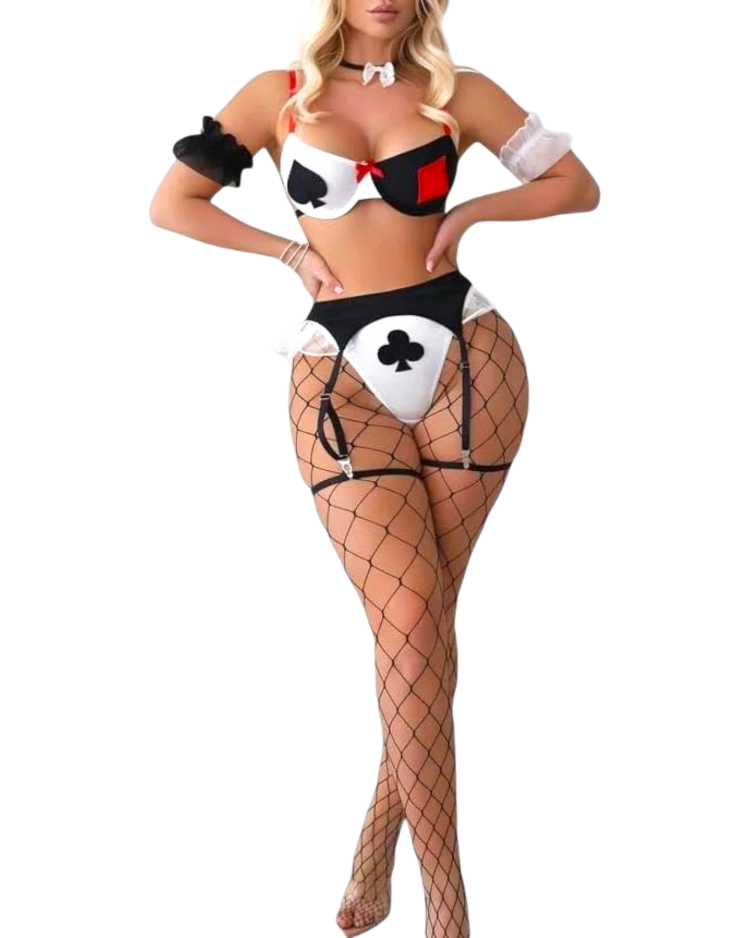 Conjunto de lencería Glow&Vibe Royal Flush con diseño de cartas, medias de red y detalles en rojo, negro y blanco.