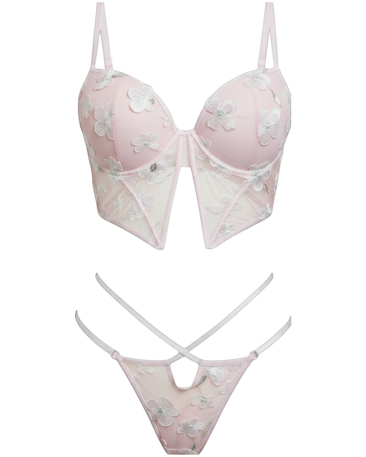 Conjunto de lencería Glow&Vibe Blush Temptation rosa con encaje floral blanco, bustier estructurado y tanga de tiras.