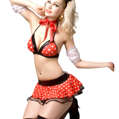 Modelo con conjunto Glow&Vibe Sweet Mouse rojo de lunares, incluye orejas, moño satinado y detalles de encaje blanco.