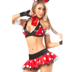 Conjunto sexy Sweet Mouse de Glow&Vibe en rojo con lunares blancos, incluye orejitas, moño y falda con volantes.