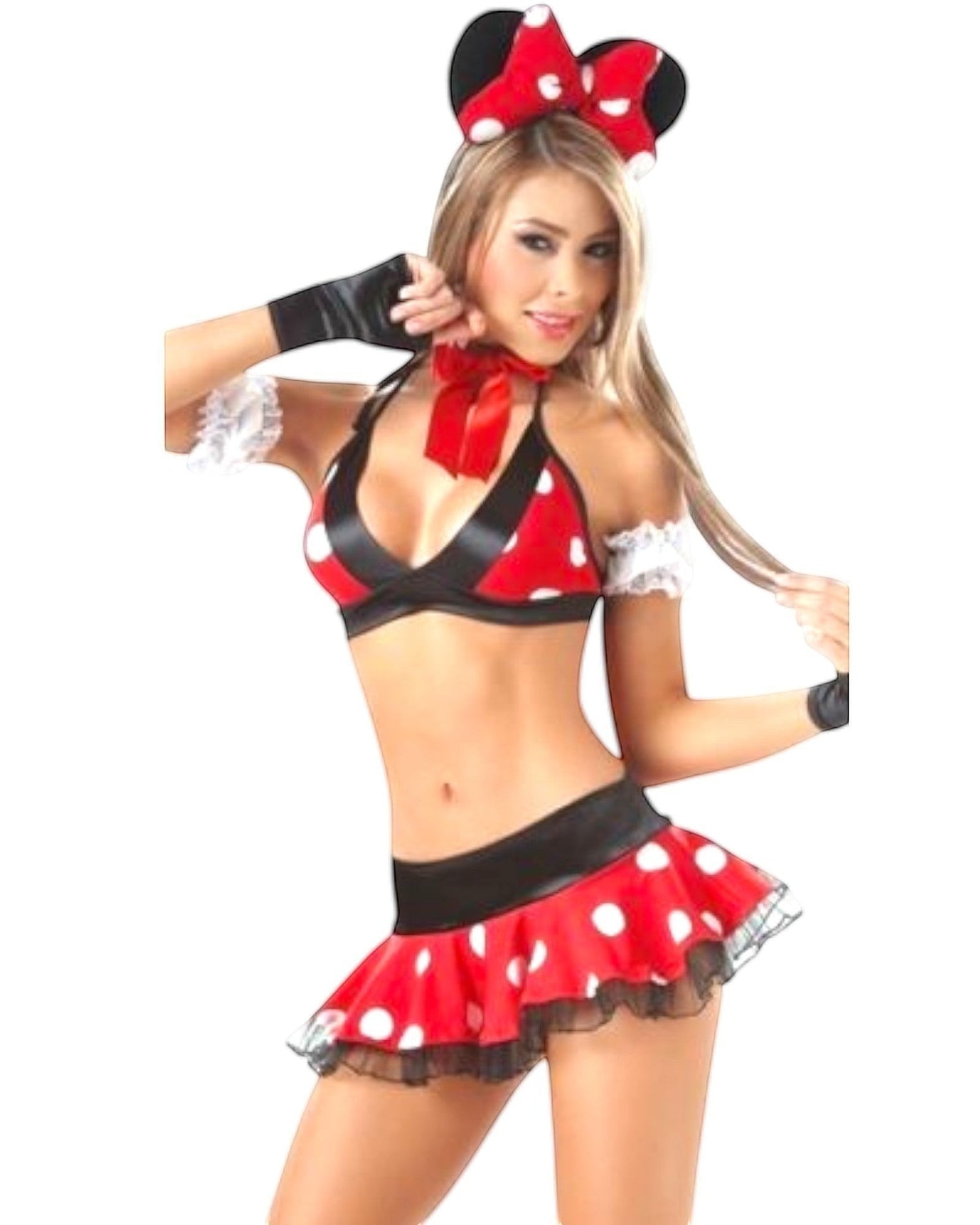 Conjunto sexy Sweet Mouse de Glow&Vibe en rojo con lunares blancos, incluye orejitas, moño y falda con volantes.