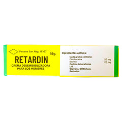 Caja de crema retardante masculina Retardin de Glow&Vibe con 15g, fórmula con cinchocaína y mentol para hombres.