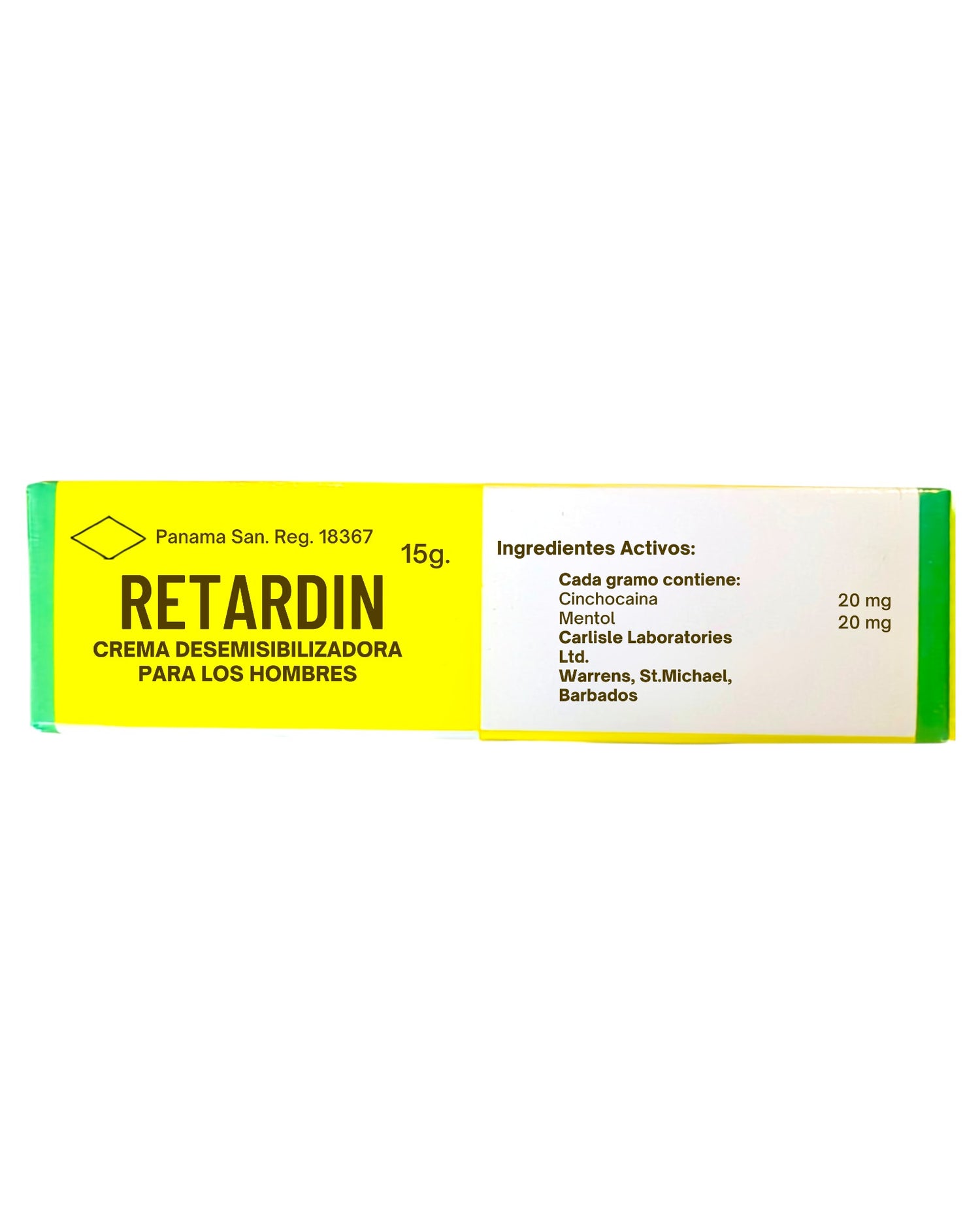 Caja de crema retardante masculina Retardin de Glow&Vibe con 15g, fórmula con cinchocaína y mentol para hombres.