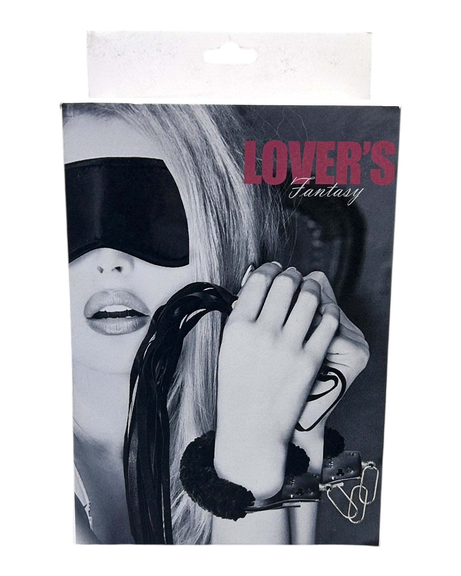 Glow & Vibe Dark Fantasy Kit: látigo de vinilo negro, esposas de velcro y antifaz para juegos BDSM.