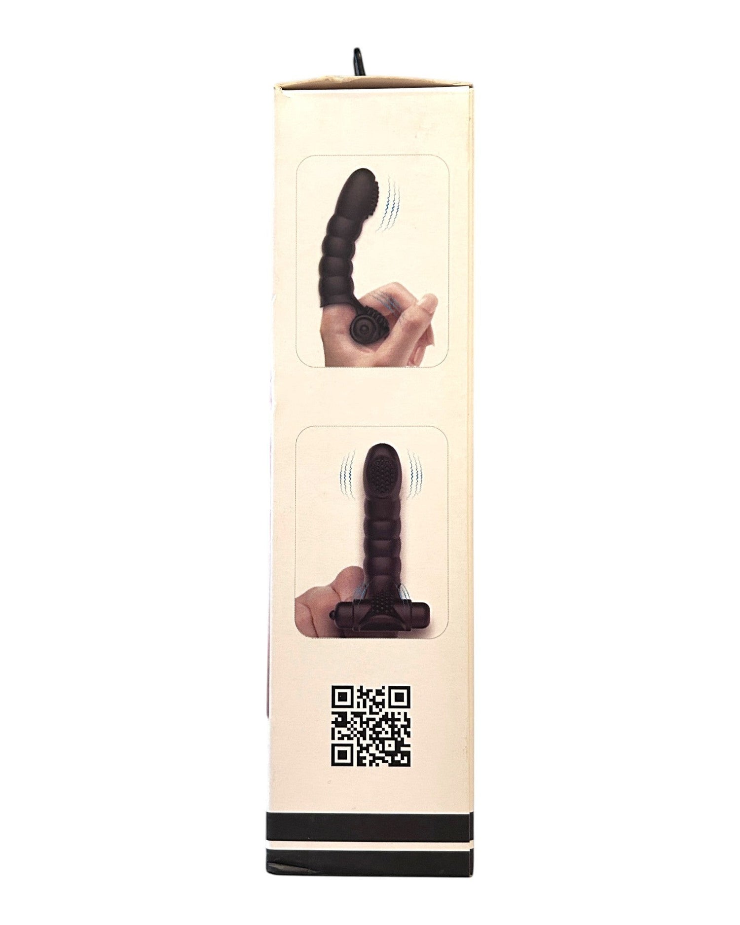 Empaque del dedal vibrador negro Love Alexander de Glow&Vibe con ilustraciones de uso y código QR
