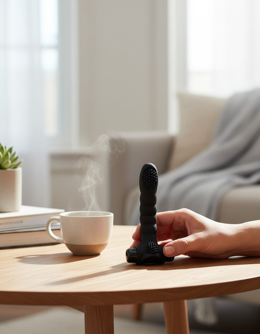 Dedal vibrador negro Glow&Vibe Love Alexander de silicón texturizado sobre mesa de madera junto a una taza de café