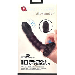 Empaque del vibrador Love Alexander de Glow&Vibe, un dedal de silicón negro texturizado con 10 funciones de vibración.