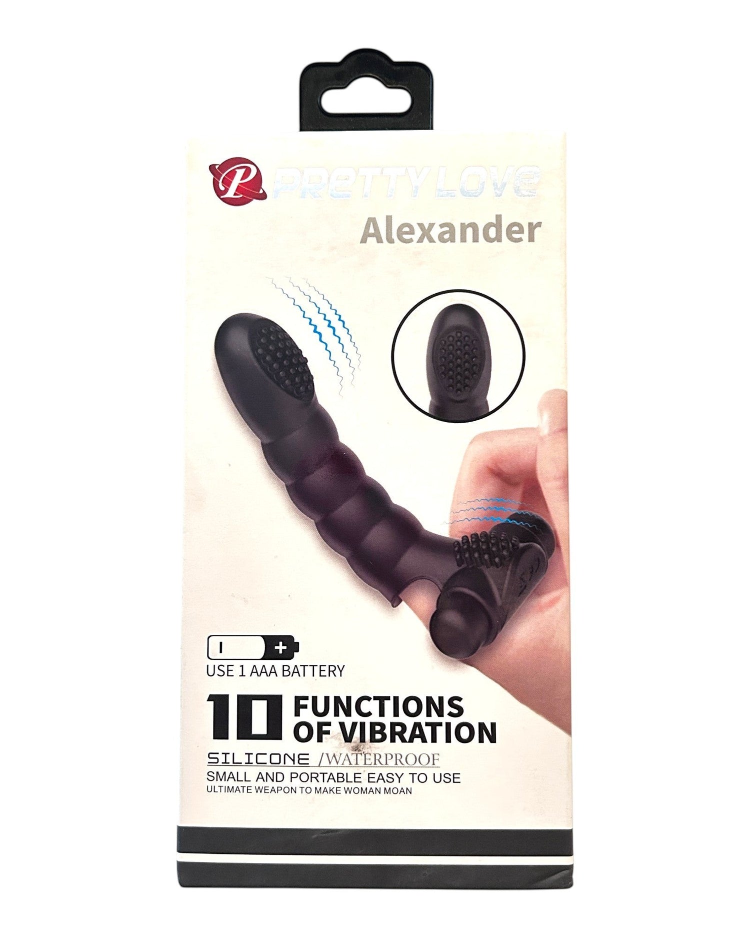 Empaque del vibrador Love Alexander de Glow&Vibe, un dedal de silicón negro texturizado con 10 funciones de vibración.