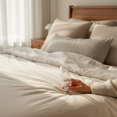 Dedal vibrador Spider Touch de silicón transparente de Glow&Vibe sostenido por una mano sobre una cama acogedora.