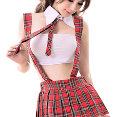 Disfraz Glow&Vibe Rebel Student con falda escocesa roja, top blanco y corbata a juego para un estilo escolar atrevido.