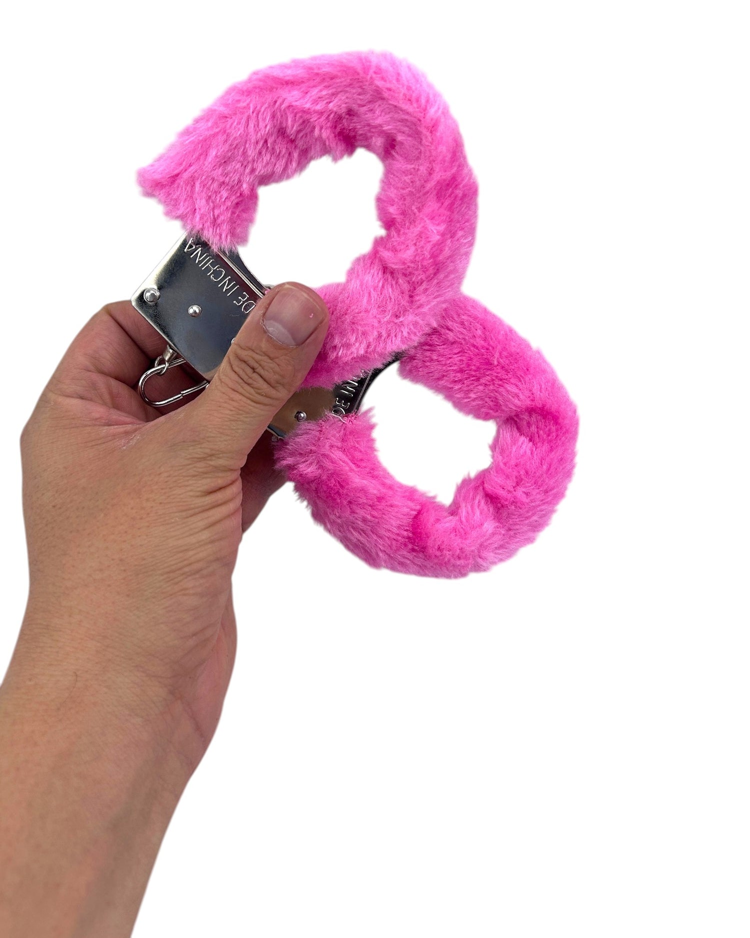 Esposas de peluche rosa de Glow&Vibe con cubierta de felpa extraíble y detalles metálicos.